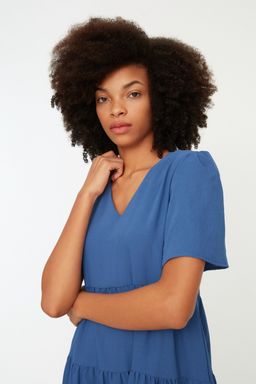 Indigo Genis Kesim V Yaka Mini Dokuma Elbise TWOSS20EL0400