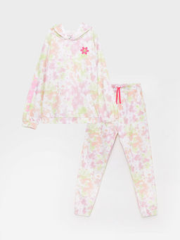 Kap??onlu Bask?l? Uzun Kollu K?z ?ocuk Sweatshirt ve E?ofman Alt?