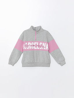 Dik Yaka Bask?l? Uzun Kollu K?z ?ocuk Sweatshirt
