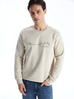 Bisiklet Yaka Bask?l? Erkek Kal?n Sweatshirt