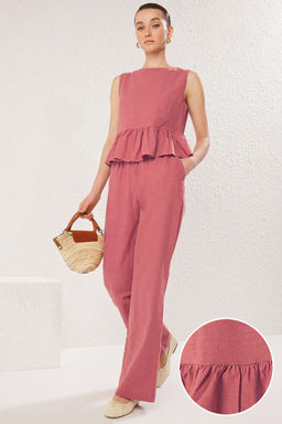 Pembe Keten Gorunumlu Bisiklet Yaka Bluz ve Pantolon Dokuma Alt-Ust Tak?m TWOSS25AU00081