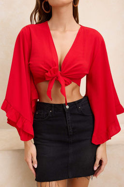 K?rm?z? Dokuma Volanl? Plaj Crop Bluz TBESS19BB0095