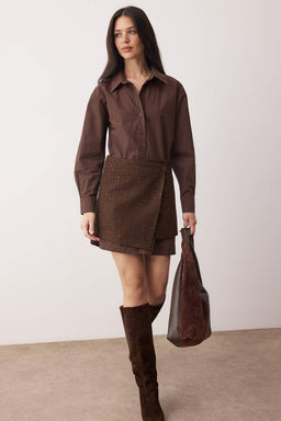 Kahverengi Duz K?sa / Mini Tuvit Etekli Dokuma Gomlek Elbise TWOAW26EL00367