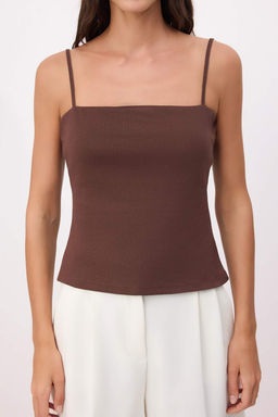 Kahverengi Fitted/Vucuda Oturan Straplez Ince Ask?l? Kolsuz Pamuk Ribana Orme Atlet TWOSS26AL00033 - Trendyolmilla фото 3