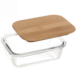 Контейнер стеклянный 400мл "Хай-Тек" прямоугольный с бамбуковой крышкой