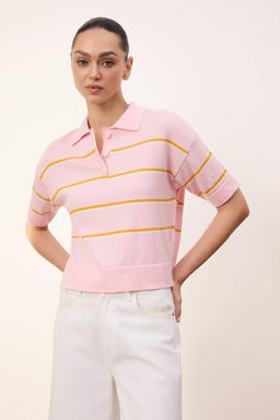 Kahverengi Yazl?k Iplik Cizgili Polo Yaka Triko Ince Bluz TWOSS26BZ00127 - Trendyolmilla фото 5