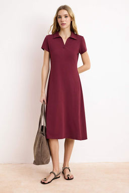 Bordo Polo Yaka Skater/Belden Ac?lan Pamuklu Esnek Orme Midi Elbise TWOSS24EL00480