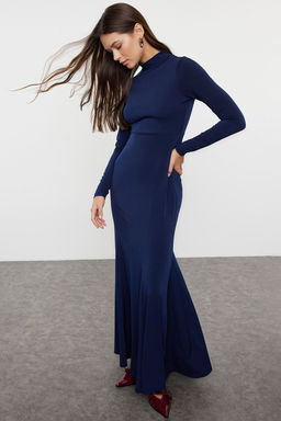 Lacivert Duz Fitted/vucuda Oturan Maxi Dik Yaka Esnek Orme Elbise TWOAW25EL00311 - Trendyolmilla фото 2