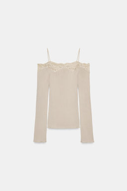 CAMISETA COMBINADA HOMBROS DESCUBIERTOS / Beige claro - Zara фото 6