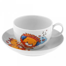 Чашка чайная фарфоровая "Львята" 210мл, д8,5см, h6см, форма "Янтарь", с блюдцем д14см (Россия)