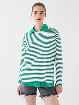 Bisiklet Yaka ?izgili Uzun Kollu Kad?n Sweatshirt