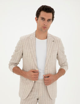 Bej Slim Fit _izgili Y_n Kar___ml_ Keten Tak_m Elbise