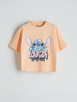 Bisiklet Yaka Stitch Bask?l? K?z ?ocuk Crop Ti??rt