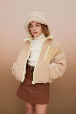 Плюшевый кардиган-бомбер с воротником-студентом для девочек