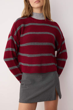Bordo Crop Basic Genis Kal?p Cizgili Triko Kazak TWOAW23KZ00390