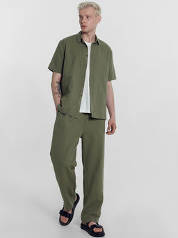 Рубашка мужская оливково-зеленая из хлопка и льна - Mark formelle фото 2