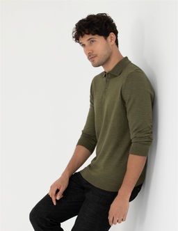 A__k Ye_il Regular Fit Polo Yaka Y_n Kar___ml_ Basic Triko Kazak