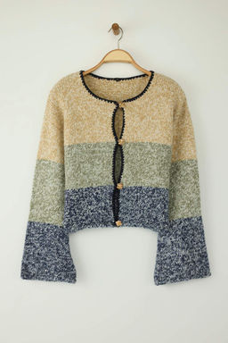 Indigo Dugme Detayl? Crop Yumusak Dokulu Genis Kal?p Renk Bloklu Triko H?rka TWOAW26HI00011 - Trendyolmilla фото 5