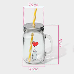 Кружка Доляна Медведь, 450 мл, 10?7.5?13 см, с крышкой и трубочкой, стекло  фото 2