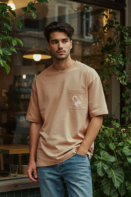 TRENDYOL MAN Vizon Oversize/Genis Kesim Cepli Dokulu Kal?n T-Shirt TMNSS25TS00079