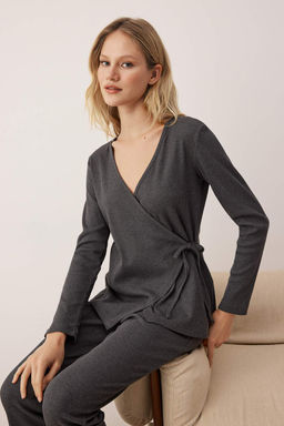 Gri Melanj Baglama Detayl? Kruvaze Yaka Fitilli Orme Pijama Tak?m? THMAW26PT00003 - Trendyolmilla фото 8