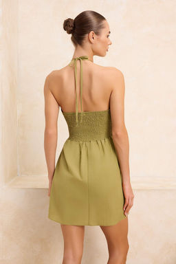 Yag Yesili Dokuma Boyundan Baglamal? Aksesuar Detayl? %100 Pamuk Mini Plaj Elbisesi TBESS26EL00020
