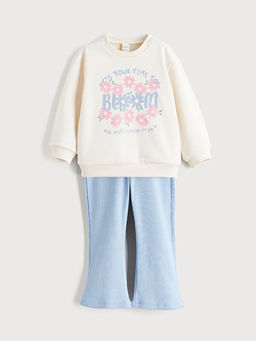 ?i?ek Bask?l? K?z ?ocuk Sweatshirt ve Tayt Pantolon