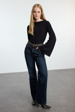 Siyah Relaxed/Rahat Kal?p Ispanyol Kol Esnek Orme Bluz TWOAW25BZ00203