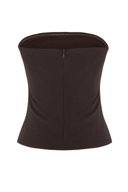 Kahverengi Straplez Fitted Drapeli Dokuma Bluz TWOSS24BZ00348