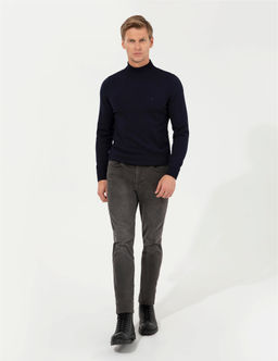 Lacivert Slim Fit Yar_m Bal_k__ Yaka Basic Triko Kazak
