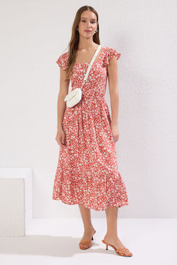 Kiremit Cicek Desenli Kare Yaka A Kesim Viskon Midi Dokuma Elbise TWOSS20EL3331