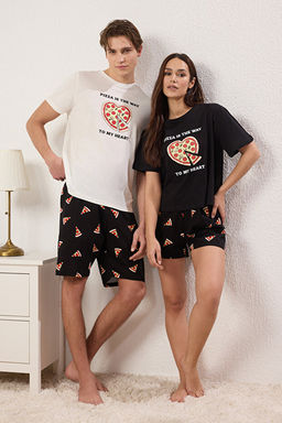 Ekru Siyah Regular Fit Pizza Bask_l_ %100 Pamuk Couple _rme Erkek Pijama TMNSS25PT00048 Tak_m_