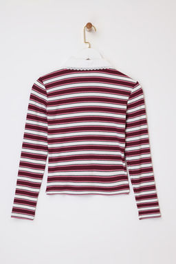 Cok Renkli Cizgili Fitted/Vucuda Oturan Polo Yaka Dugmeli Fitilli Esnek Orme Bluz TWOSS26BZ00067