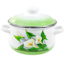 "Каллы" Кастрюля эмалированная 2л, д17см, h12,5см, коническая форма, металлическая крышка, белый с подпылением (Россия)