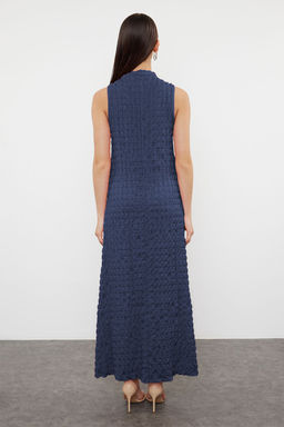 Indigo Duz Dokulu A Kesim/Can Form Bisiklet Yaka Dokulu Maxi Elbise TWOSS24EL00683