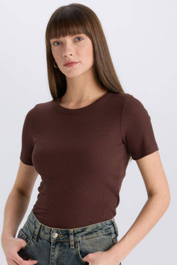 Slim Fit Dar Kesim Bisiklet Yaka Basic Duz Fitilli Kaskorse K?sa Kollu Tisort - Defacto фото 8