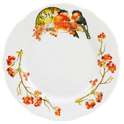 Тарелка мелкая фарфоровая Снегири д200мм, h25мм, вырезной край (Россия)