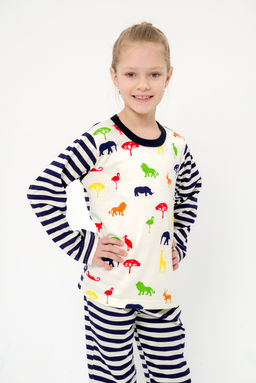 Пижама детская из джемпера и брюк без манжет из интерлока Сафари темно-синий полоса - Амадэль фото 19