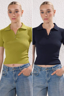 Trendyolmilla Siyah*001-Kahverengi Basic Polo Yaka Ikili Paket Triko Ince Bluz TWOSS25BZ00503 фото 8