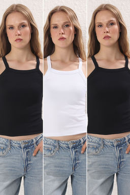 Siyah-Siyah-Beyaz Halter Yaka 3lu Paket Orme Atlet TWOSS25AL00056