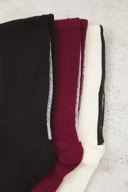 Siyah-Beyaz-Bordo 3lu Pamuklu Cizgili Orme Corap THMAW26CO00003