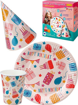 Набор для праздника "С Днем Рождения!" на 6 персон (НП-2136) тарелки, стаканы, колпаки