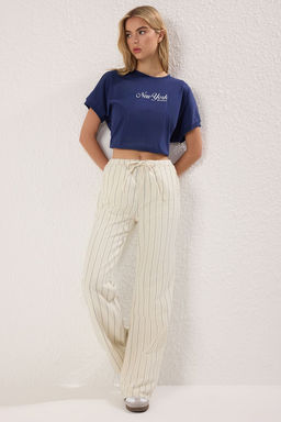 Ekru Beli Lastikli Yuksek Bel Wide Leg Jeans TWOSS25JE00291