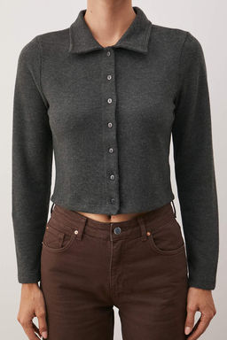 Antrasit Melanj Dugmeli Polo Yaka Crop Esnek Orme Bluz TWOAW26BZ00272