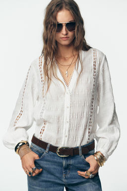 DOTTED MESH AND LACE TRIM BLOUSE - Zara фото 2