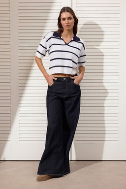 Lacivert Polo Yaka Cizgili Triko Bluz TWOSS26BZ00121