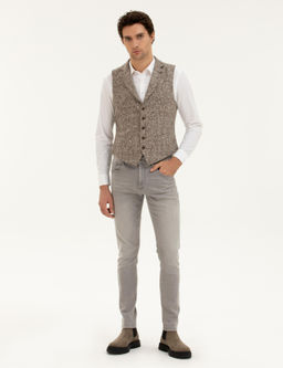 Bej Slim Fit Y_n Kar___ml_ Dokuma Yelek