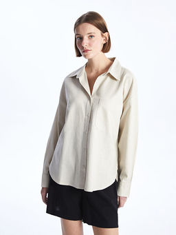 D?z Uzun Kollu Oversize Keten Kar???ml? Kad?n G?mlek