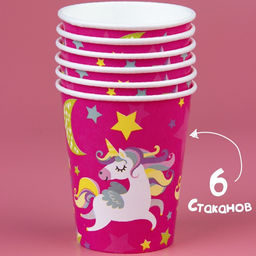 Посуда одноразовая бумажная для праздника «С днём рождения. Единорожек», набор, 6 тарелок, 6 стаканов, 6 колпаков, гирлянда