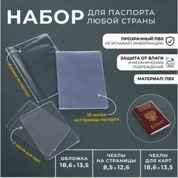 Цена за 2 шт. Набор для паспорта: обложка на паспорт; 10 чехлов на страницы паспорта, 2 чехла для карт, прозрачный
